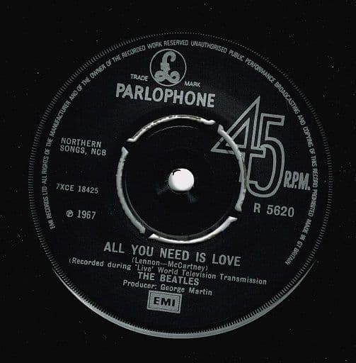 THE BEATLES All You Need Is Love Vinyl Record 7 Inch Parlophone 1976.